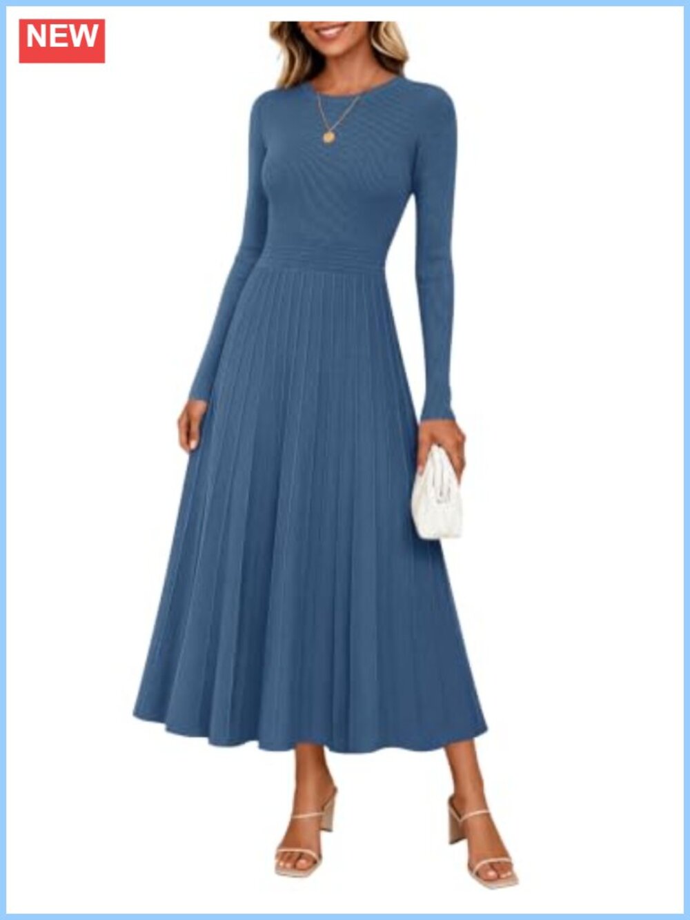 ZESICA Ribbed Knit Midi Sweater Dress Crew Neck Long Sleeve A-Line